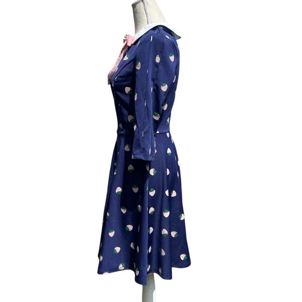 Unique Vintage Retro Inspired 50’s Navy Strawberry Fit & Flare Dress S - Picture 5 of 14
